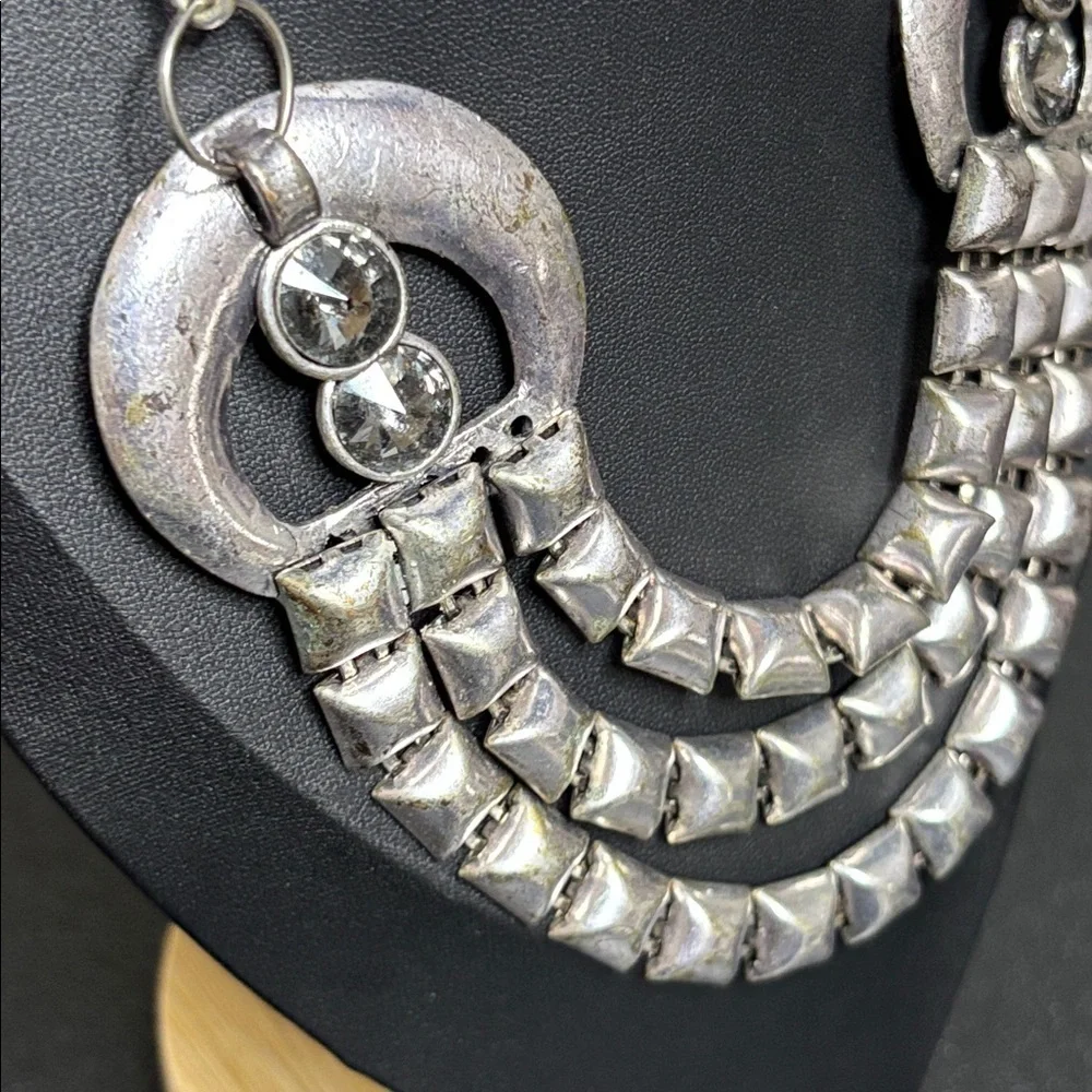Silver Brutalist Rhinestone Collar Statement Necklace